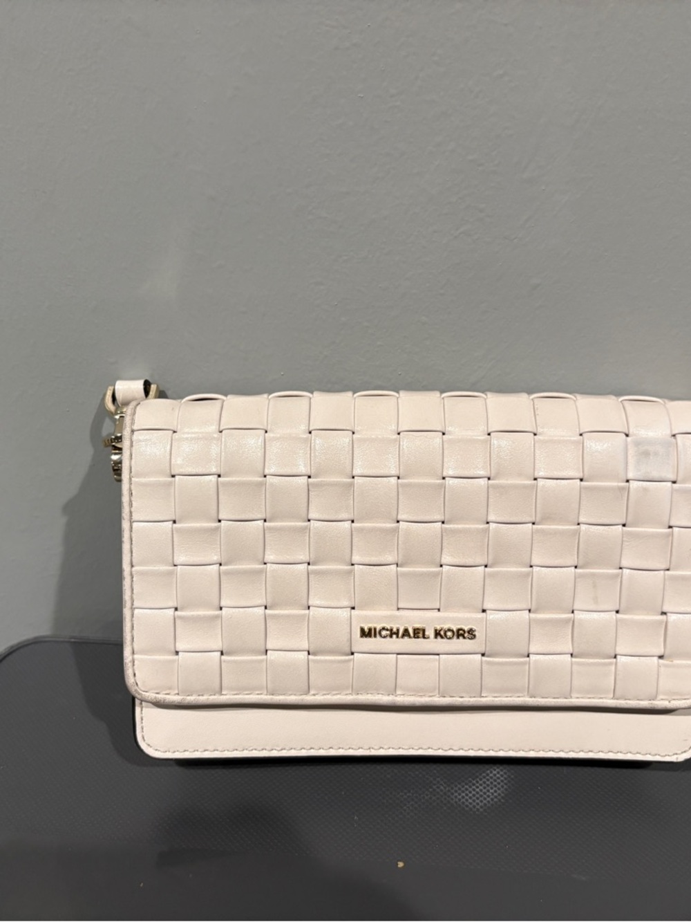 Michael Kors Woven Leather Crossbody in Off-White with Gold Hardware
